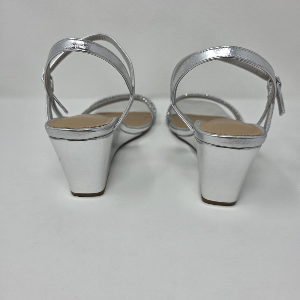 Womens Size 8.5 Silver Rhinestone Square Open Toe Strappy Wedge Sandals Elegant - Picture 5 of 10
